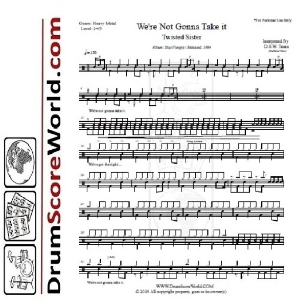Twisted Sister - We're Not Gonna Take It - Drum Sheet + Play-Along Track